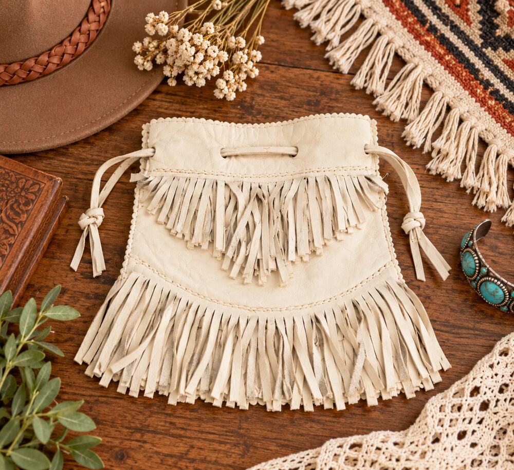 Vintage 1960s Ivory Leather Fringe Drawstring Boho Hippie Purse 9x9